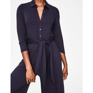 Boden Navy Blue Jersey Tie Waist 3/4 Sleeve‎ Collared Jumpsuit Size 8